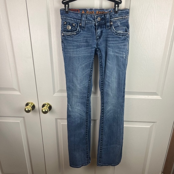 Rock Revival Jen Boot Distressed Jeans Flap Pockets Size 27 - Picture 1 of 6